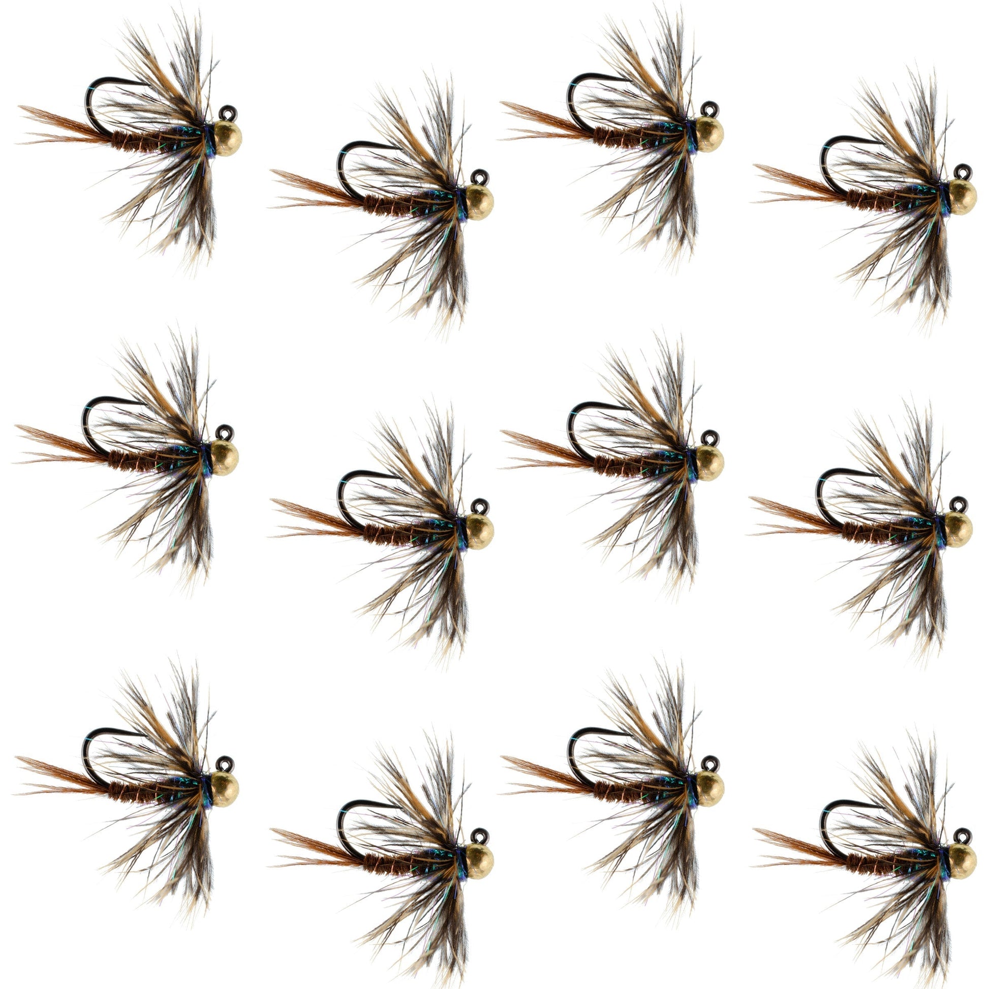 Premium Tungsten Bead Pheasant Tail Tactical Jig Flies - 12 Pack Size 12 - Korvel