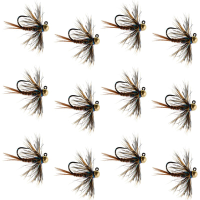 Premium Tungsten Bead Pheasant Tail Tactical Jig Flies - 12 Pack Size 12 - Korvel