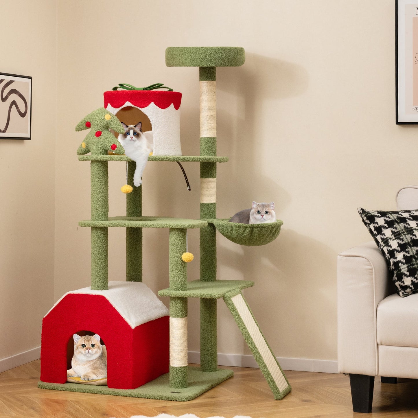 Árbol para Gatos Festivo de 61 Pulgadas con Postes de Rascado y Condominios - Verde