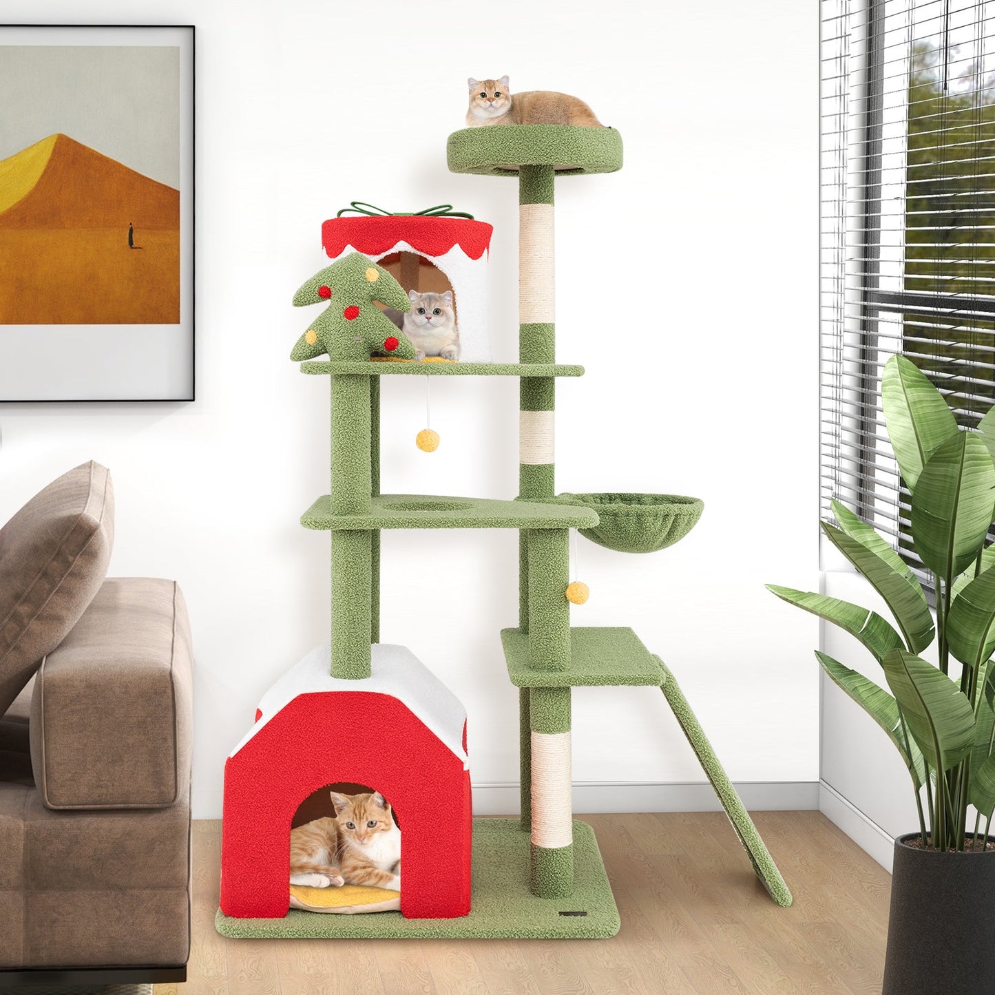 Árbol para Gatos Festivo de 61 Pulgadas con Postes de Rascado y Condominios - Verde