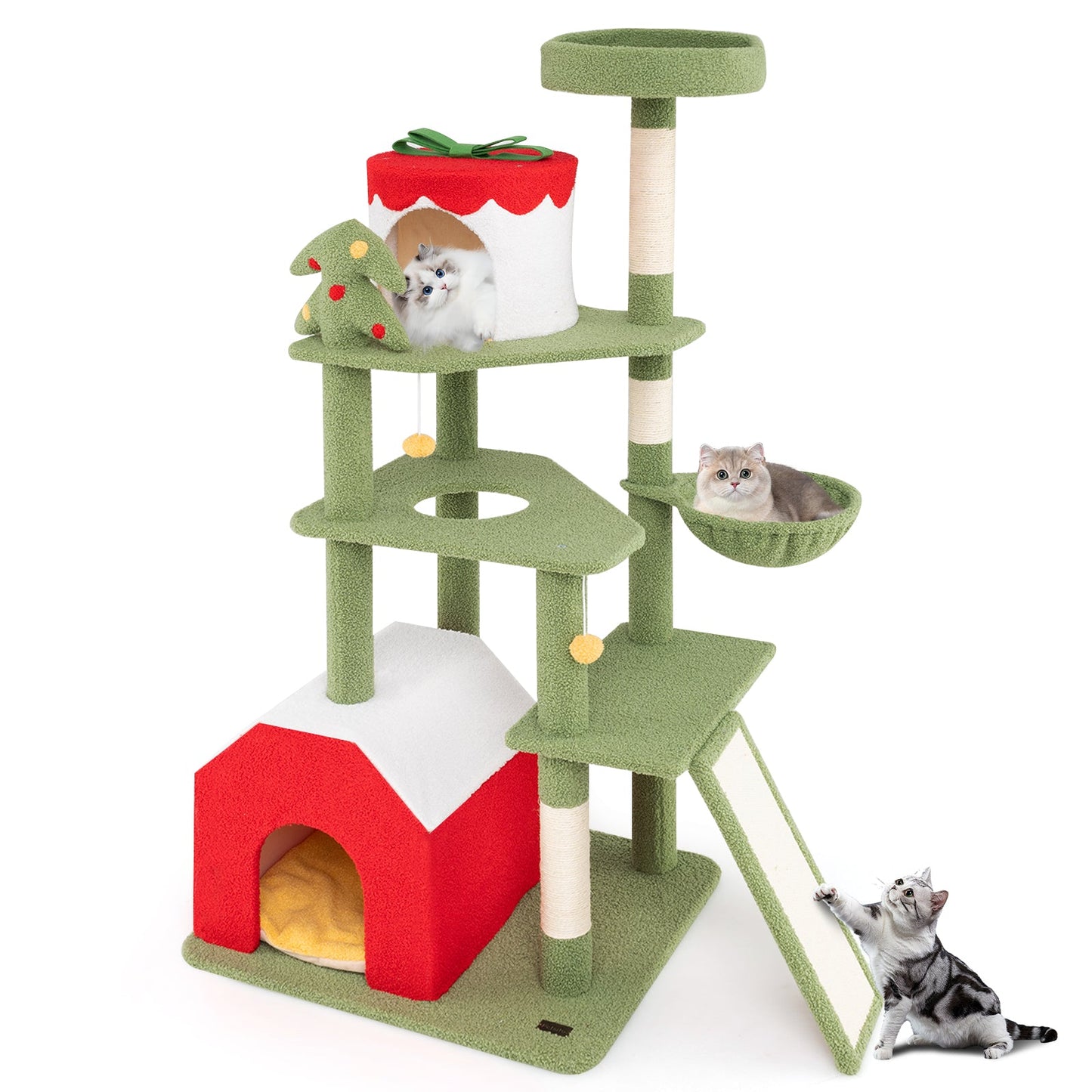 Árbol para Gatos Festivo de 61 Pulgadas con Postes de Rascado y Condominios - Verde