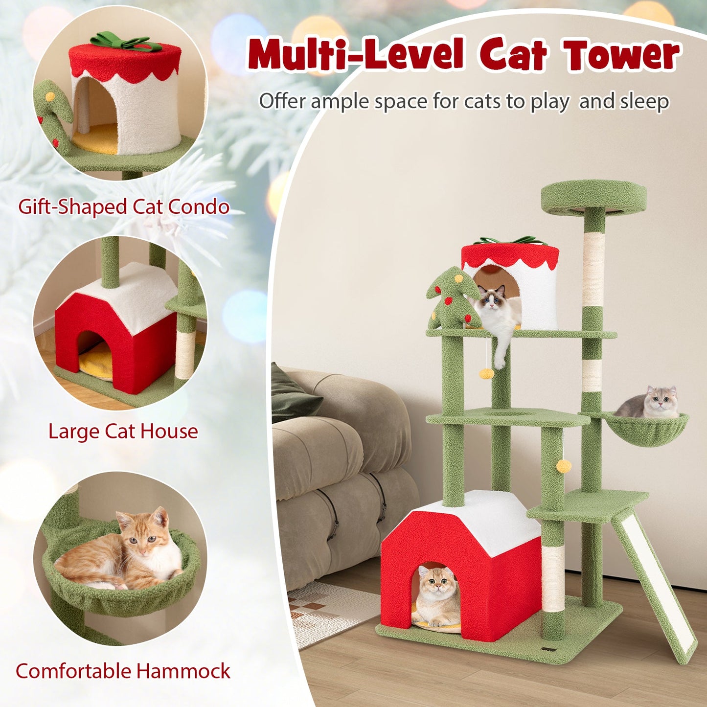 Árbol para Gatos Festivo de 61 Pulgadas con Postes de Rascado y Condominios - Verde