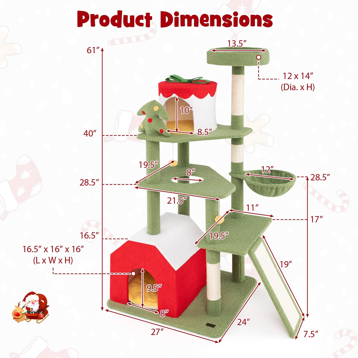 Árbol para Gatos Festivo de 61 Pulgadas con Postes de Rascado y Condominios - Verde