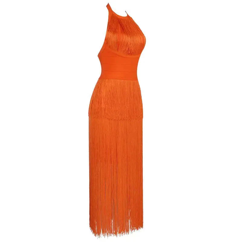 Robe dos nu à col halter avec franges