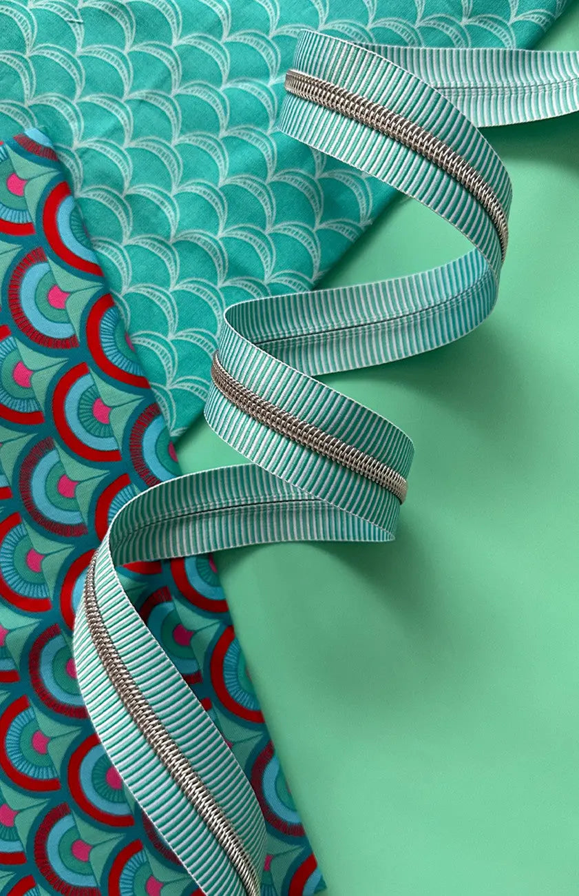 Teal Stripe Zipper Tape with Nickel Teeth - 3 Yards