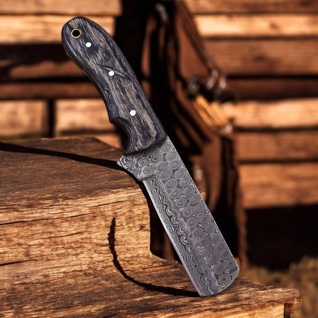Exquisite Damascus Bull Cutter Knife - 8" Unique Teardrop Blade with Luxurious Black Wood Handle - Korvel