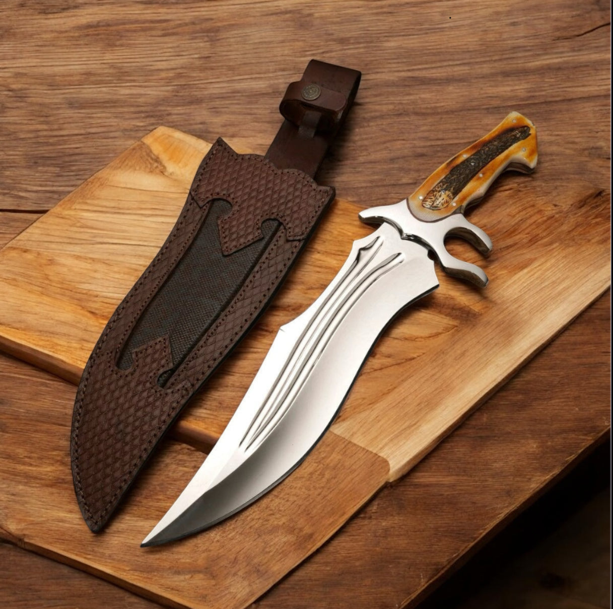 Texan Heritage Bowie Knife – 16" J2 Steel Blade with Elegant Camel Bone Handle & Leather Sheath - Korvel