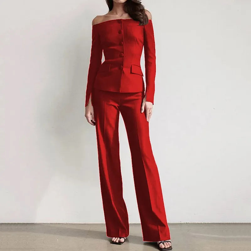 Ensemble Pantalon à Manches Longues en Couleur Unie pour Femmes
