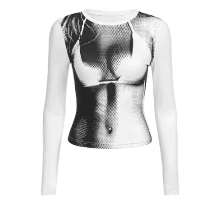 Camiseta de manga larga recortada con estampado gráfico grunge para mujeres