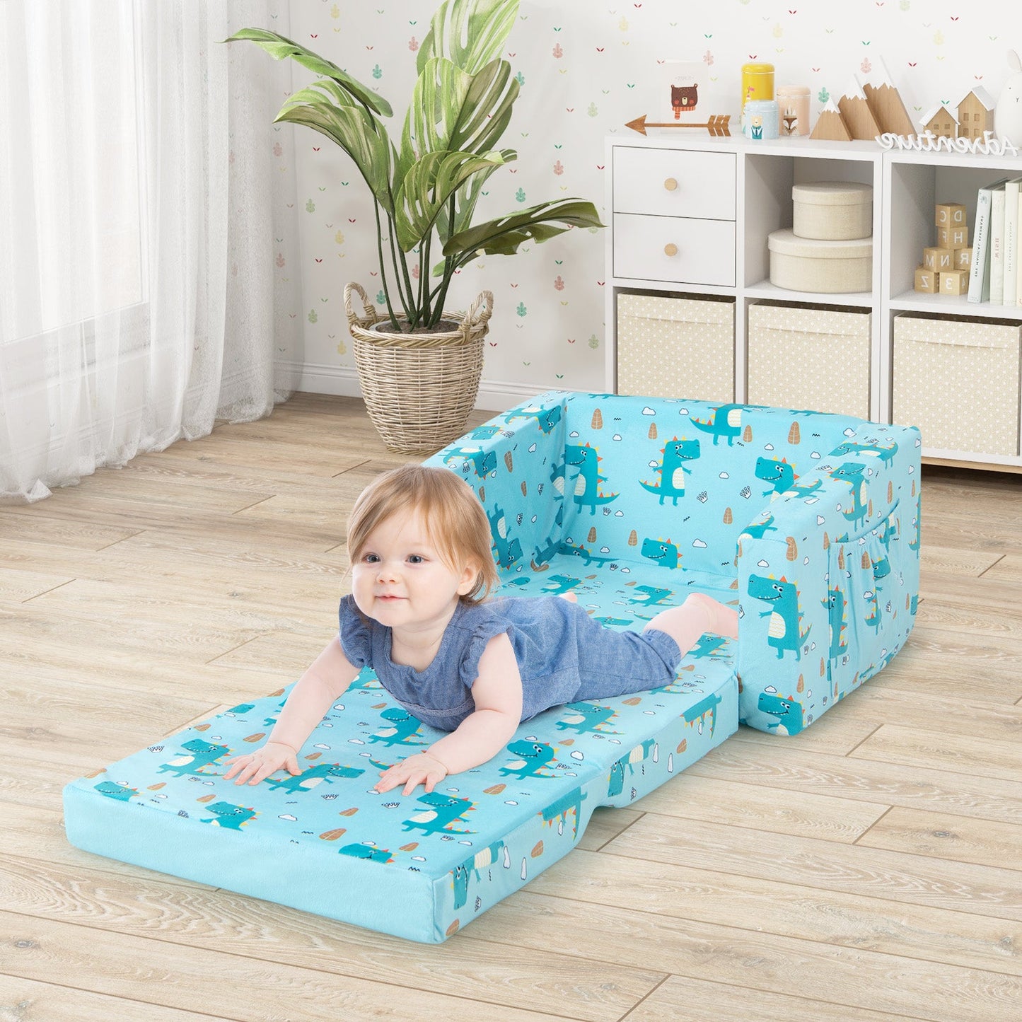 Sofá Recliner para Niños que se Convierte en Cama - Diseño de Dinosaurio Azul