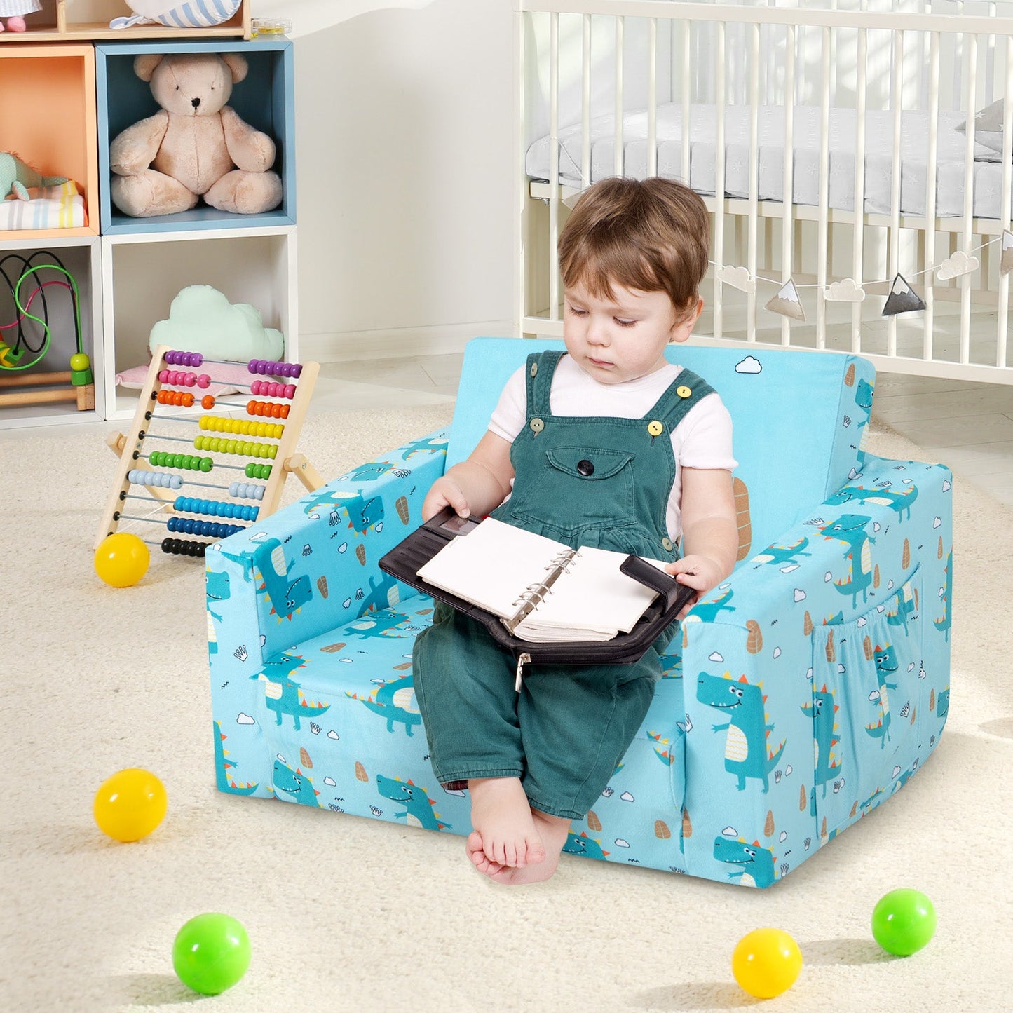 Sofá Recliner para Niños que se Convierte en Cama - Diseño de Dinosaurio Azul