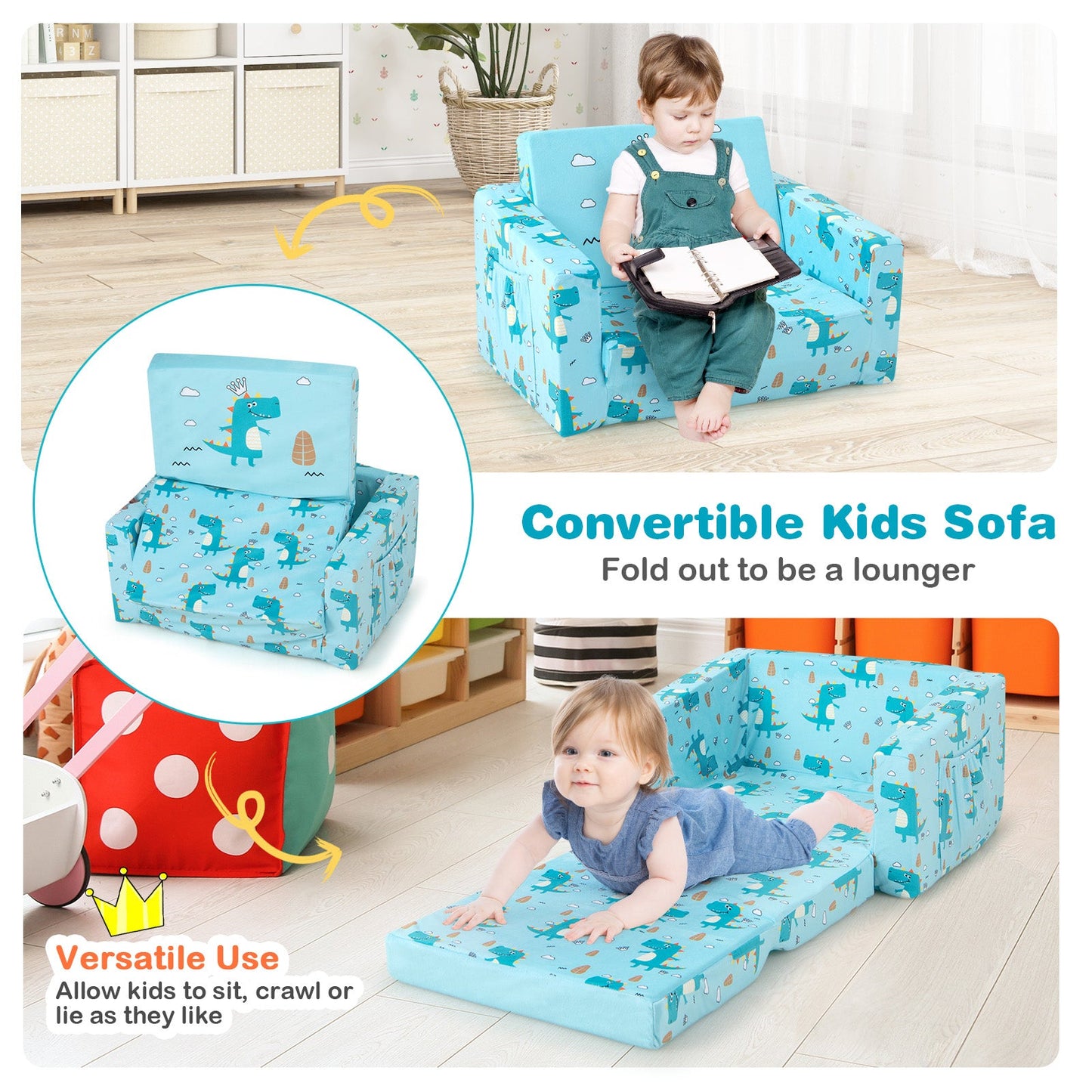 Sofá Recliner para Niños que se Convierte en Cama - Diseño de Dinosaurio Azul