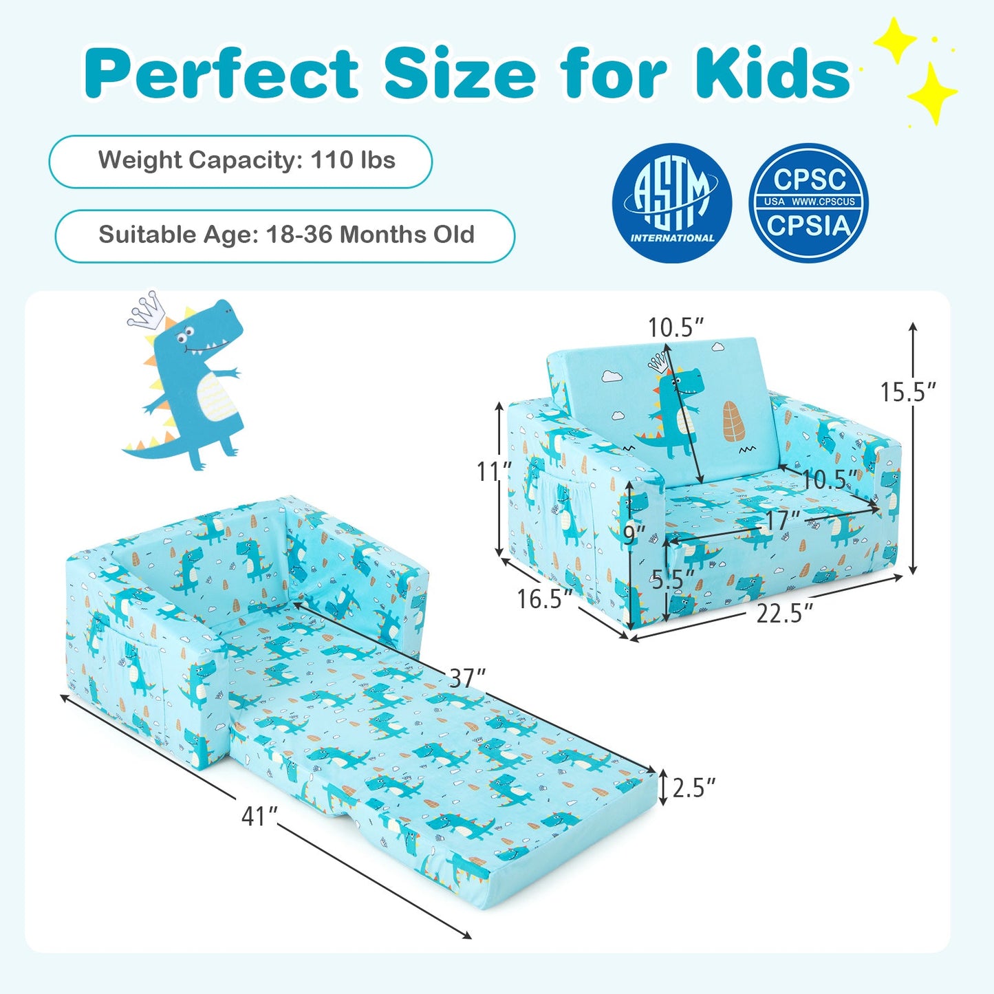 Sofá Recliner para Niños que se Convierte en Cama - Diseño de Dinosaurio Azul