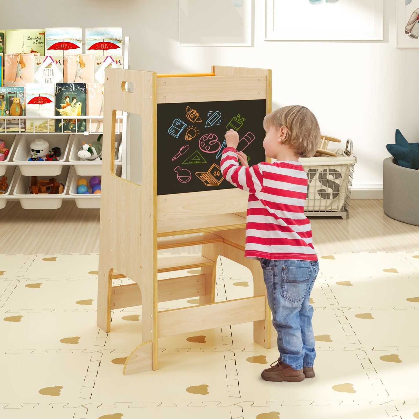 Toddler Kitchen Step Stool with Activity Chalkboard - Natural