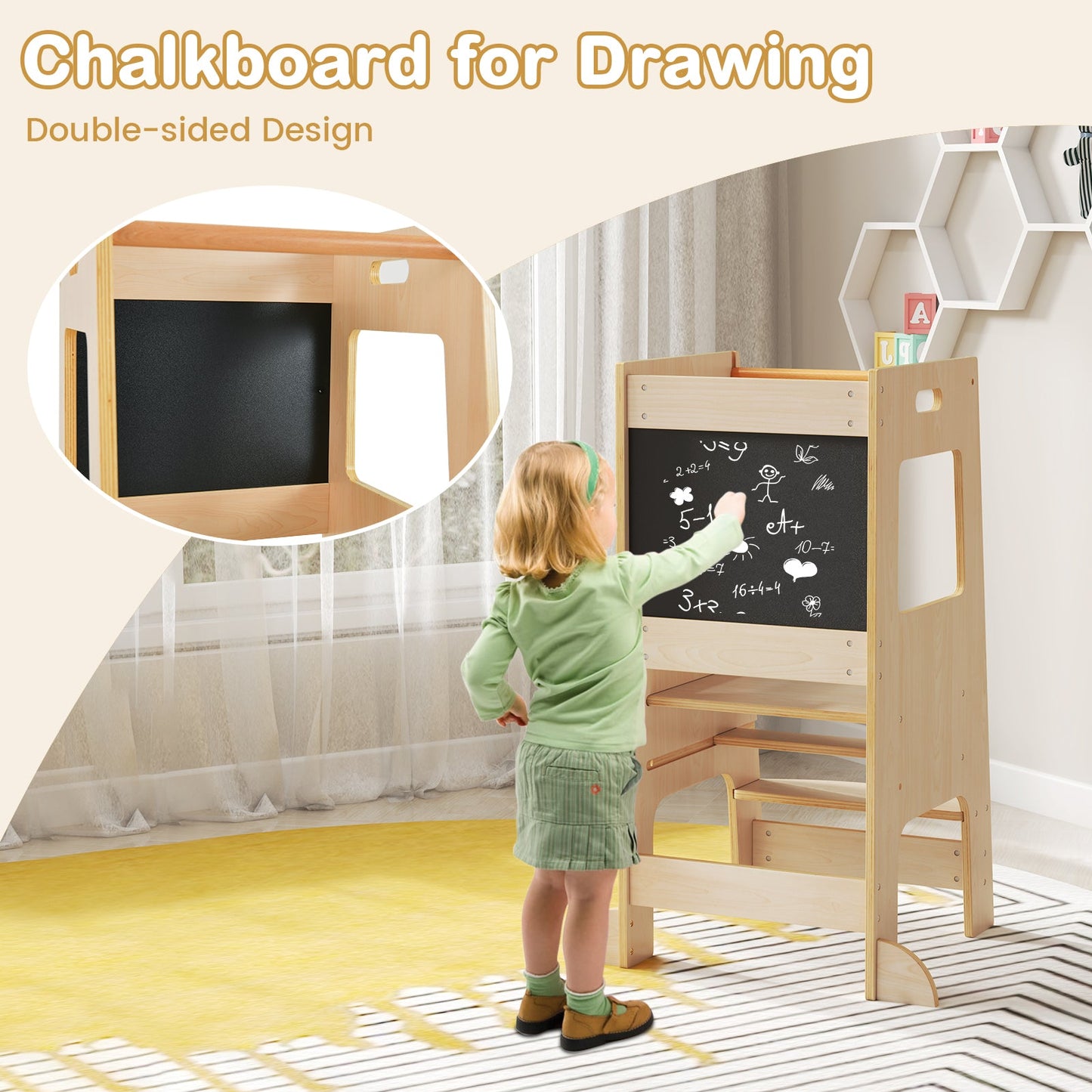 Toddler Kitchen Step Stool with Activity Chalkboard - Natural