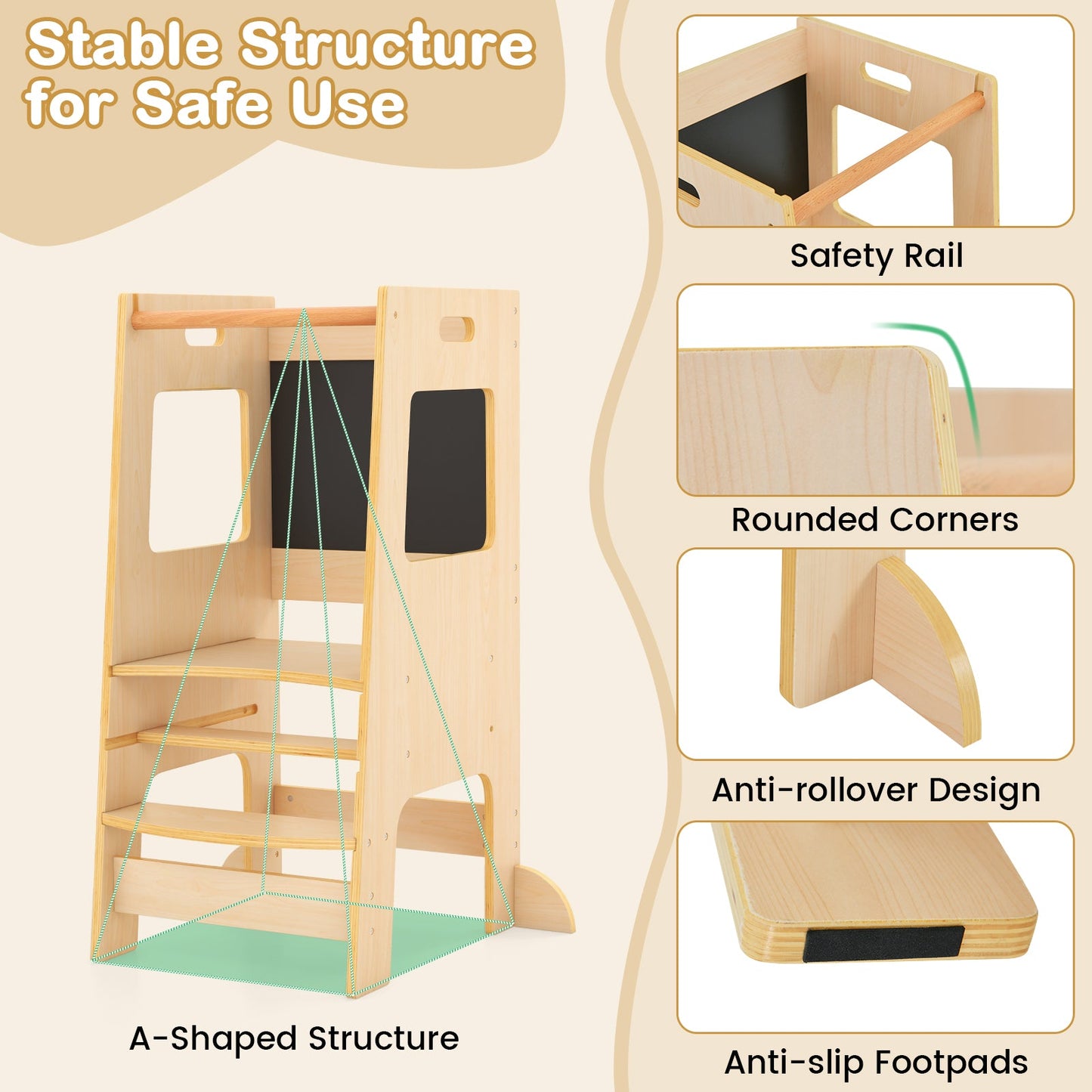Toddler Kitchen Step Stool with Activity Chalkboard - Natural