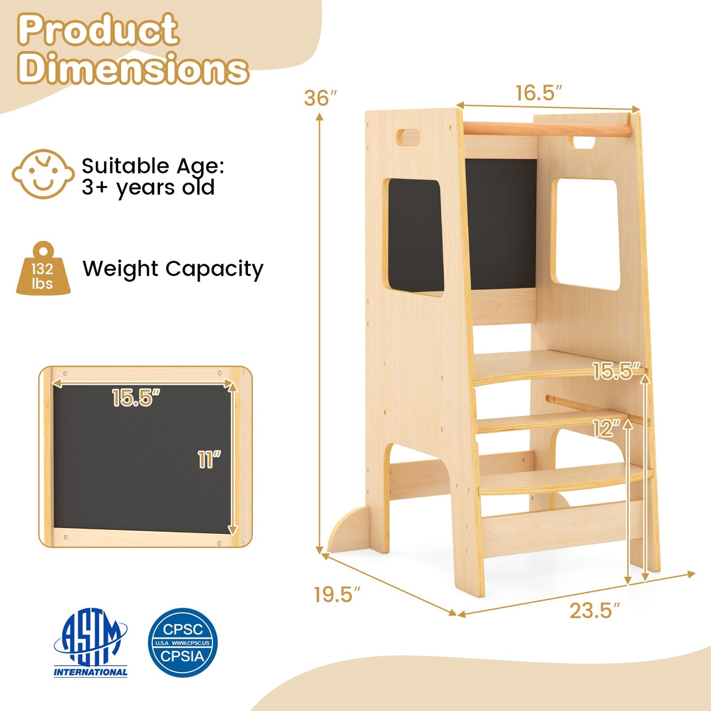 Toddler Kitchen Step Stool with Activity Chalkboard - Natural