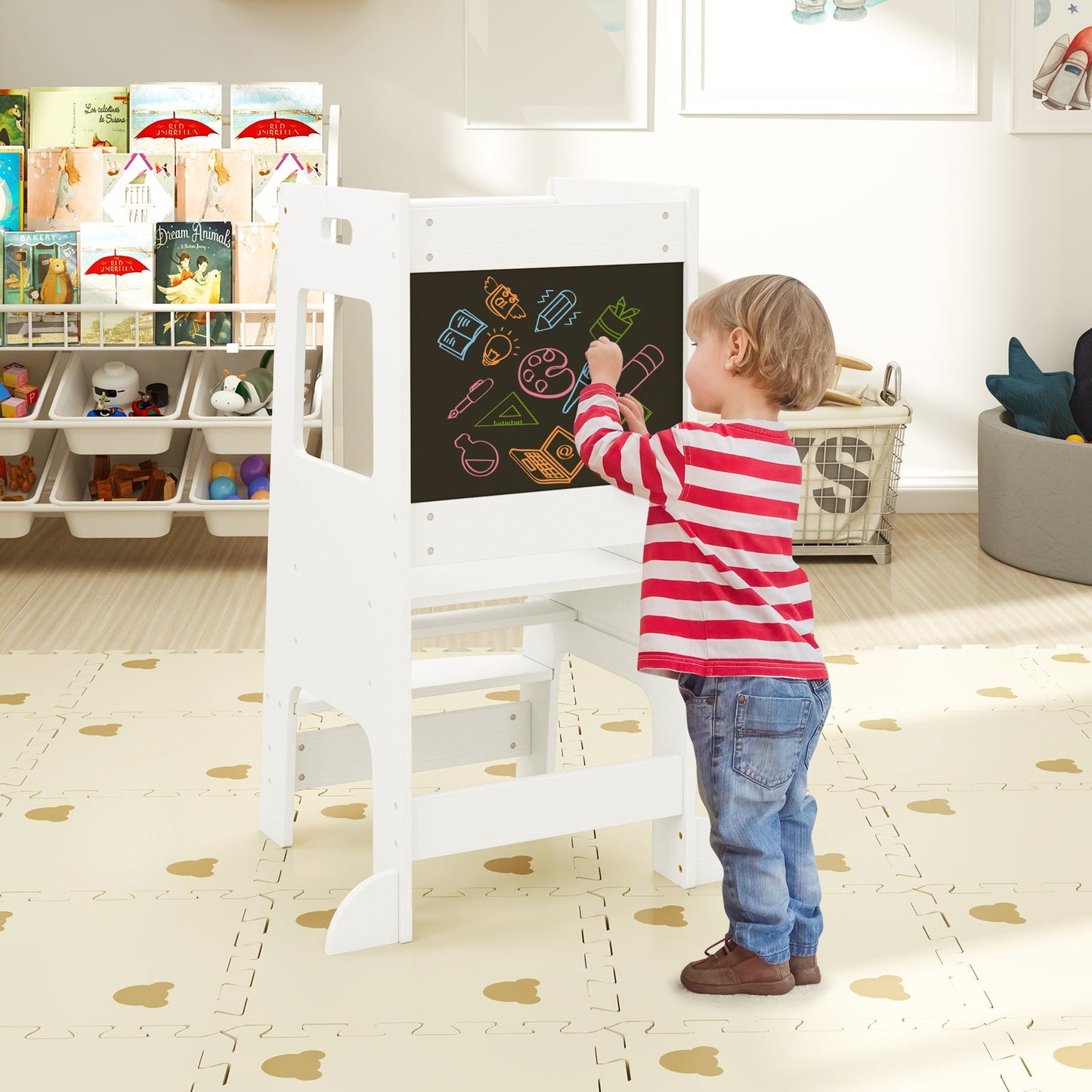 Adjustable Toddler Kitchen Step Stool with Chalkboard - White