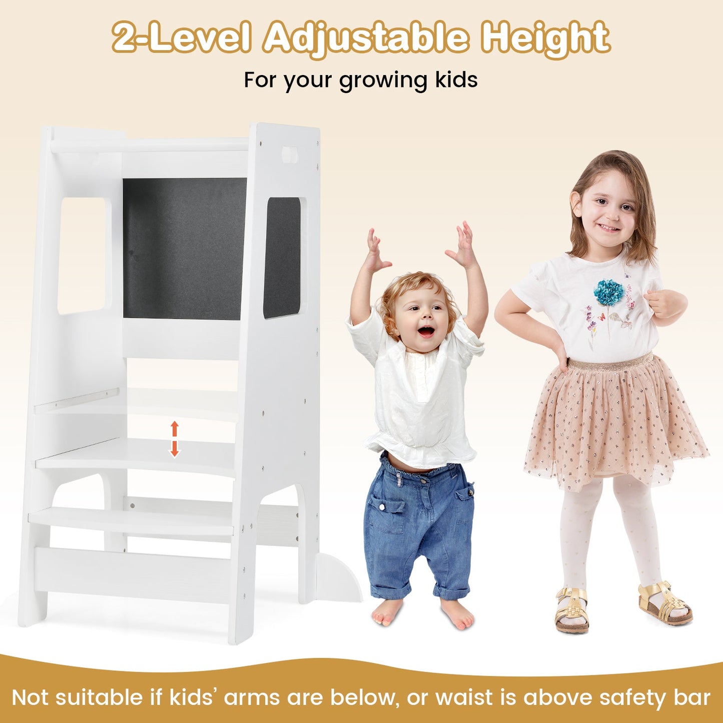 Adjustable Toddler Kitchen Step Stool with Chalkboard - White