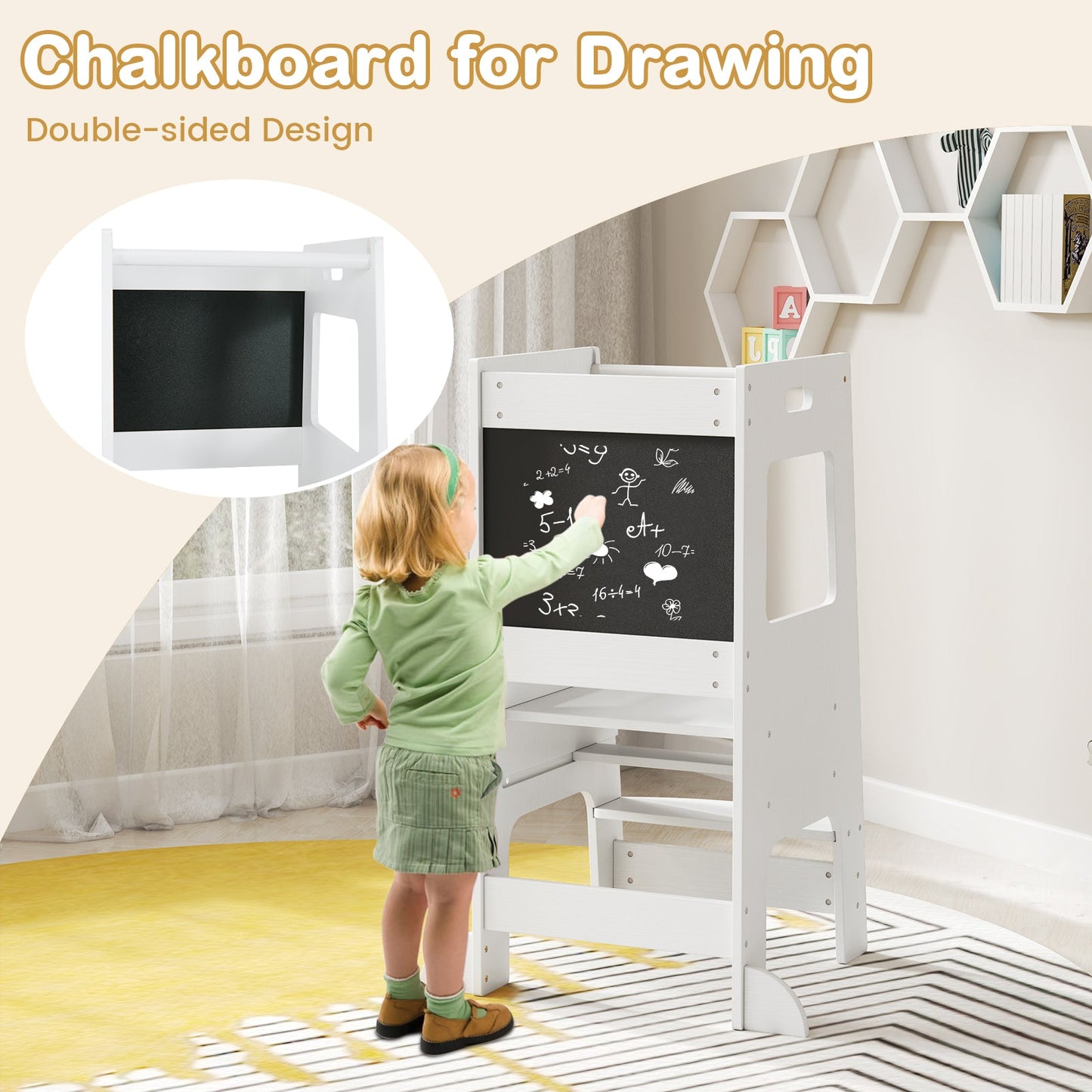 Adjustable Toddler Kitchen Step Stool with Chalkboard - White