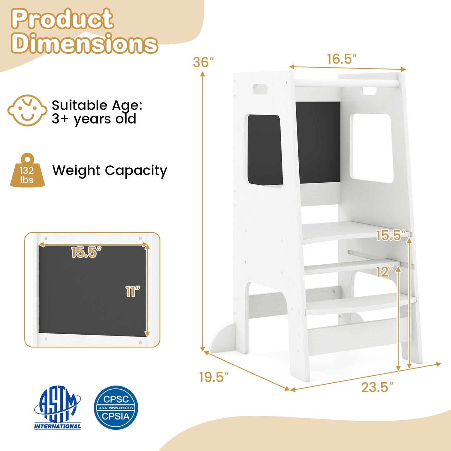 Adjustable Toddler Kitchen Step Stool with Chalkboard - White