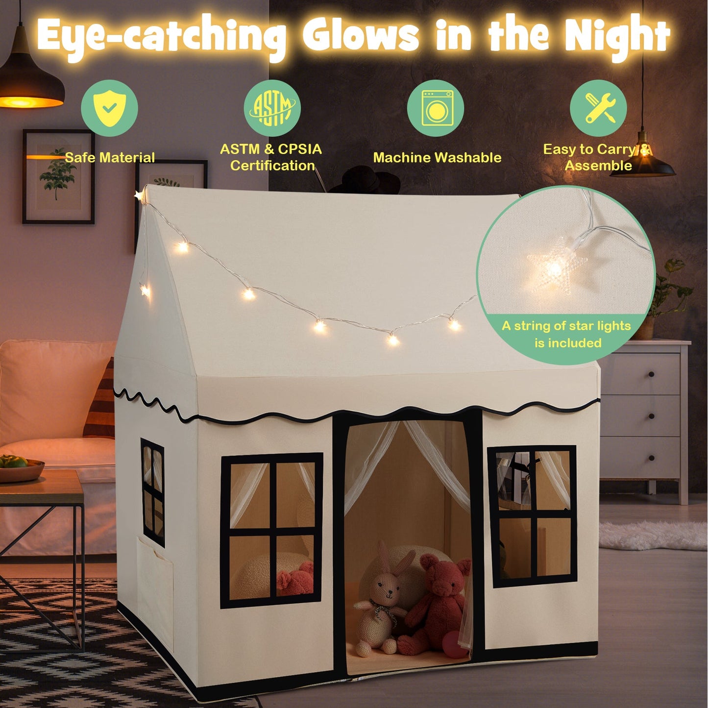 Casa de Juego Grande para Niños con Luces de Estrella - Beige