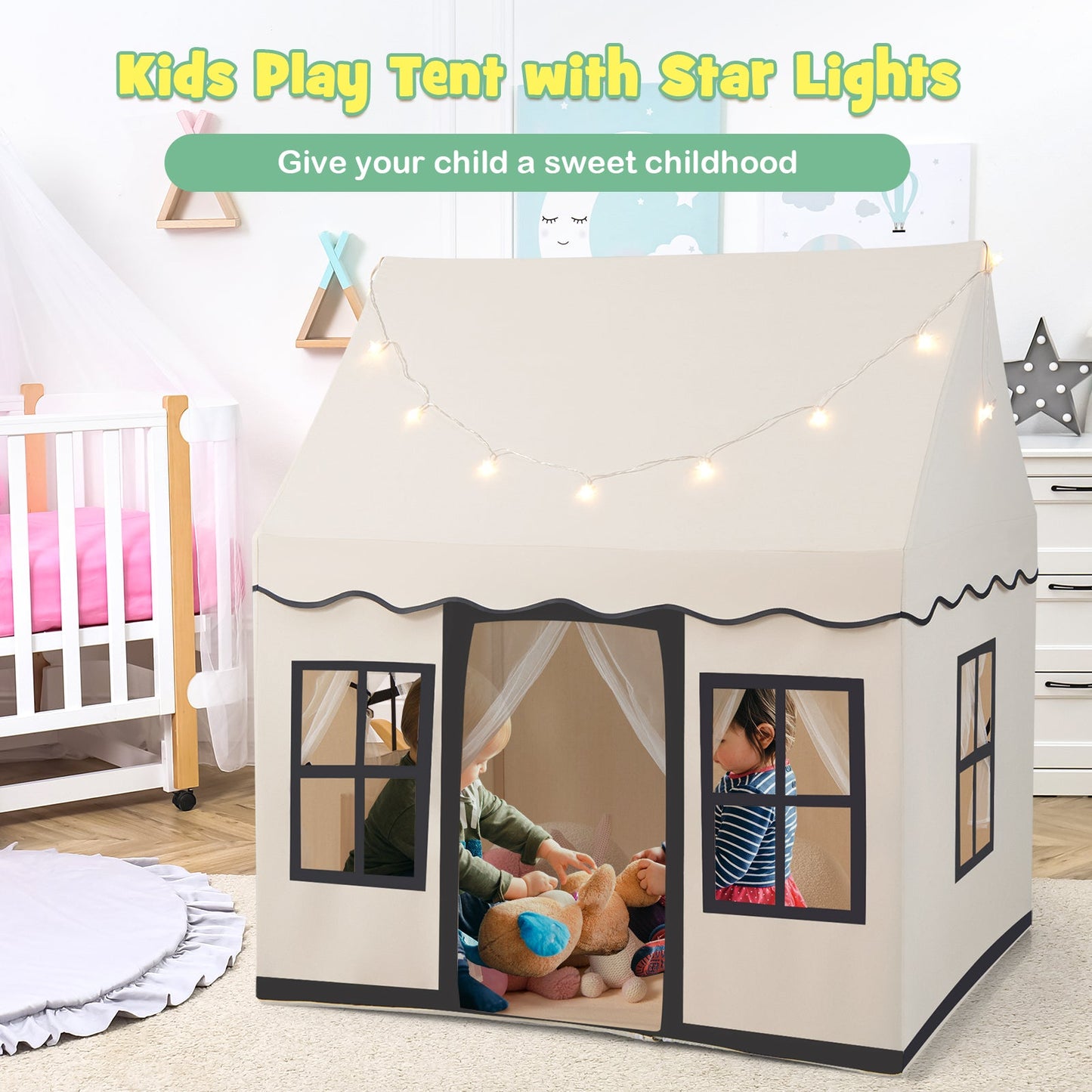 Casa de Juego Grande para Niños con Luces de Estrella - Beige