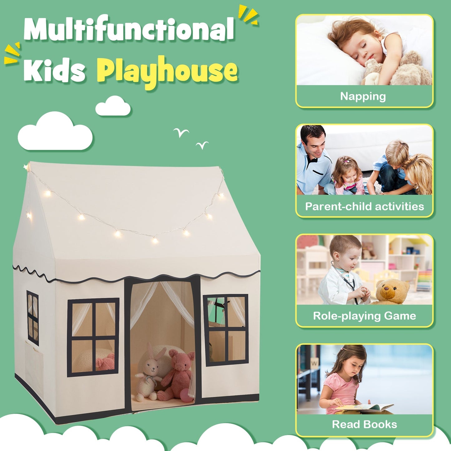 Casa de Juego Grande para Niños con Luces de Estrella - Beige