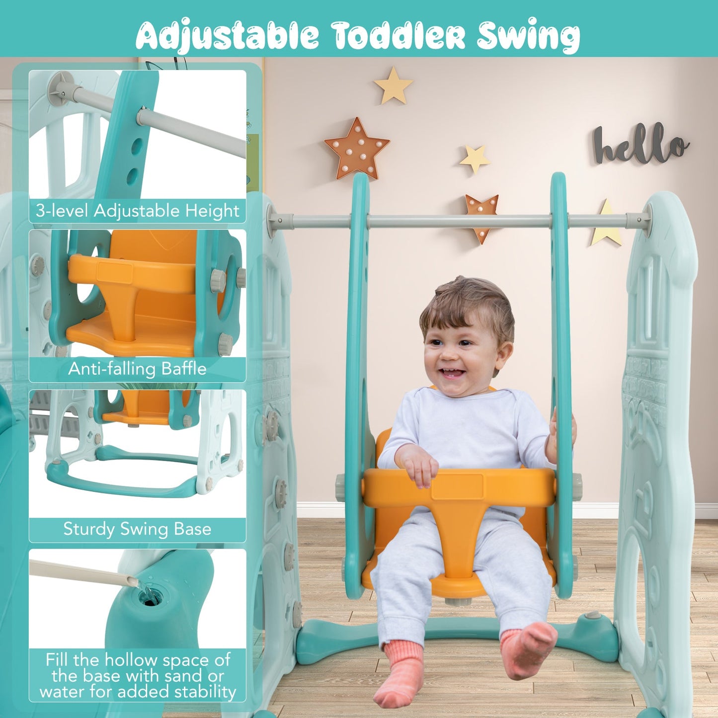 Toboggan et balançoire pour tout-petits avec caractéristiques ajustables