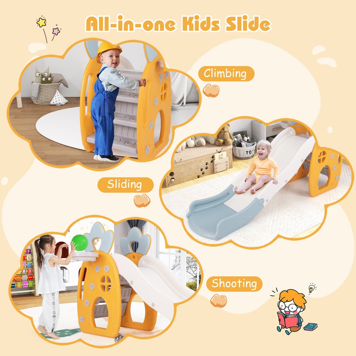 Foldable Slide with Basketball Hoop for Kids 3+
