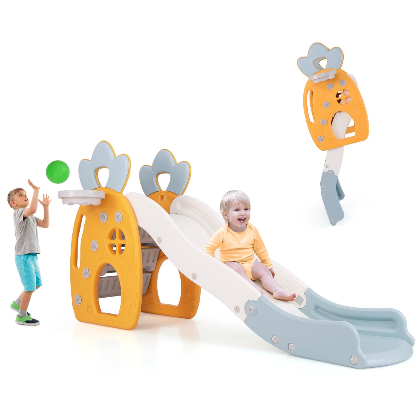 Foldable Slide with Basketball Hoop for Kids 3+