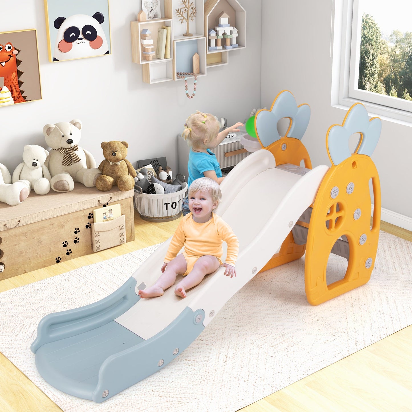 Foldable Slide with Basketball Hoop for Kids 3+
