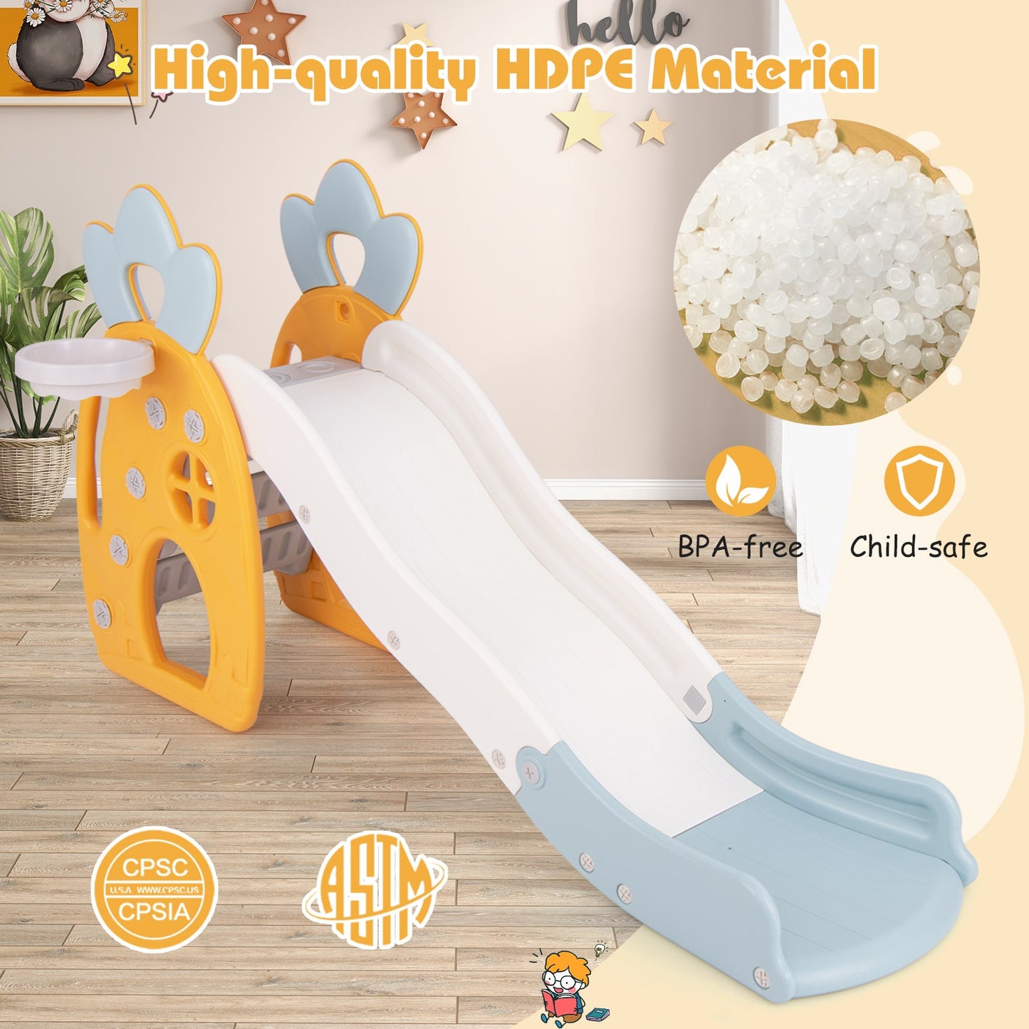 Foldable Slide with Basketball Hoop for Kids 3+