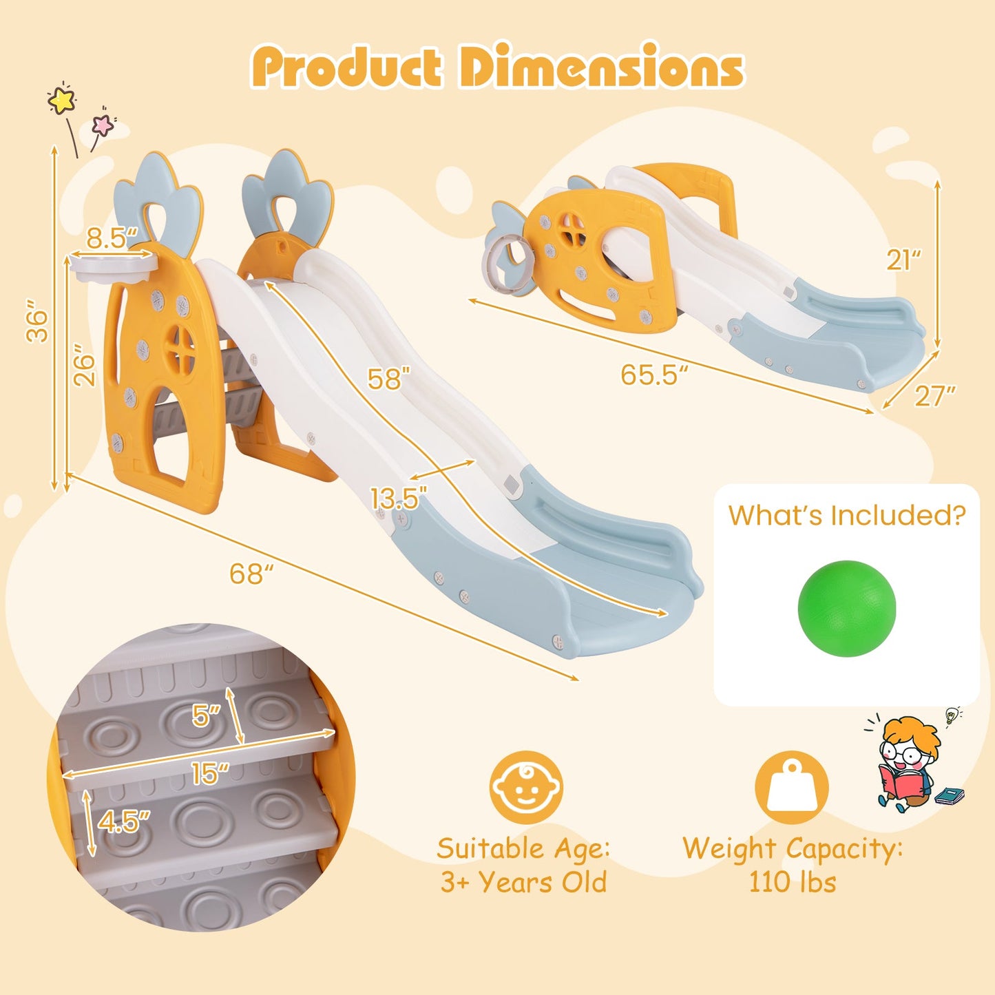 Foldable Slide with Basketball Hoop for Kids 3+