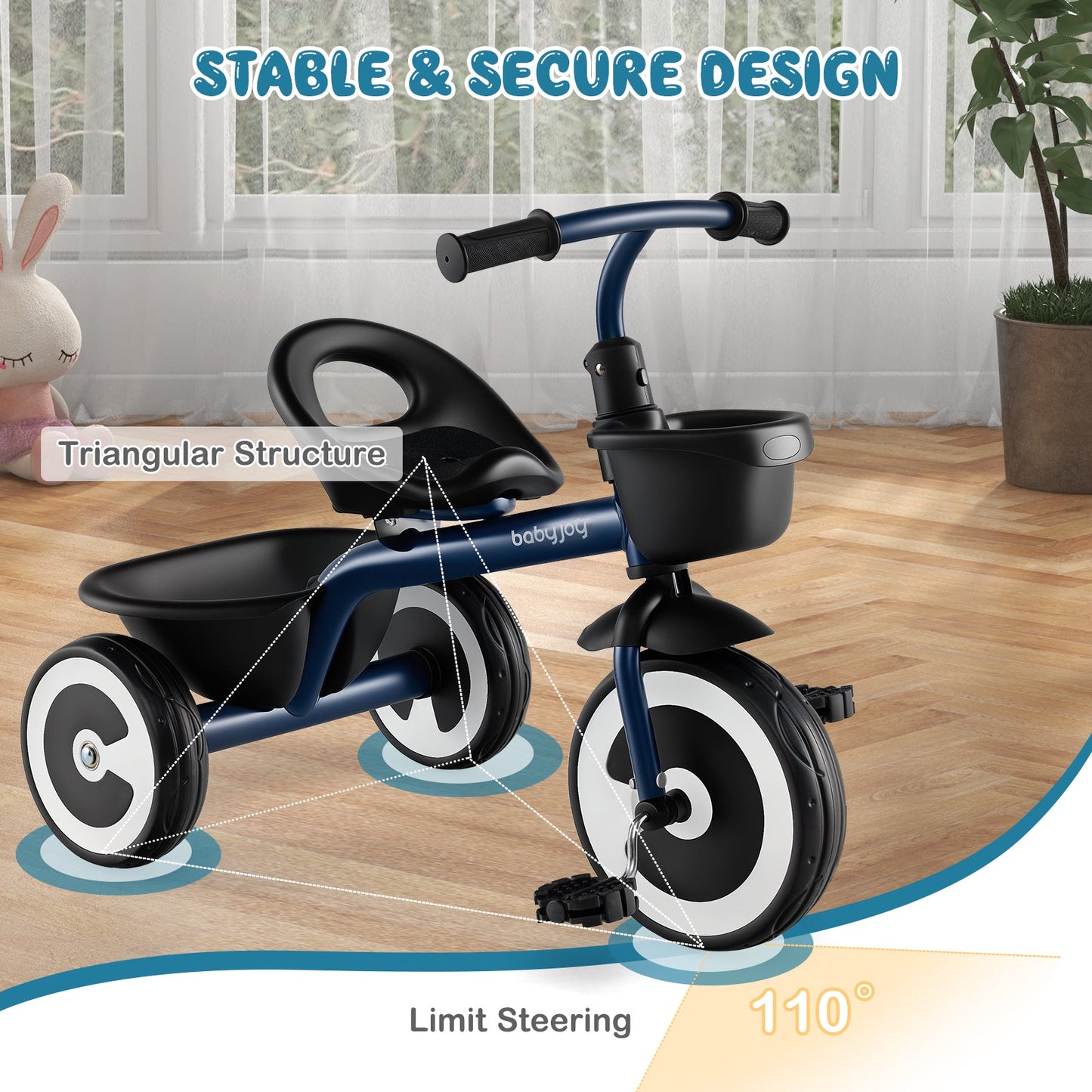 Toddler Tricycle with Adjustable Seat and Storage Baskets - Navy