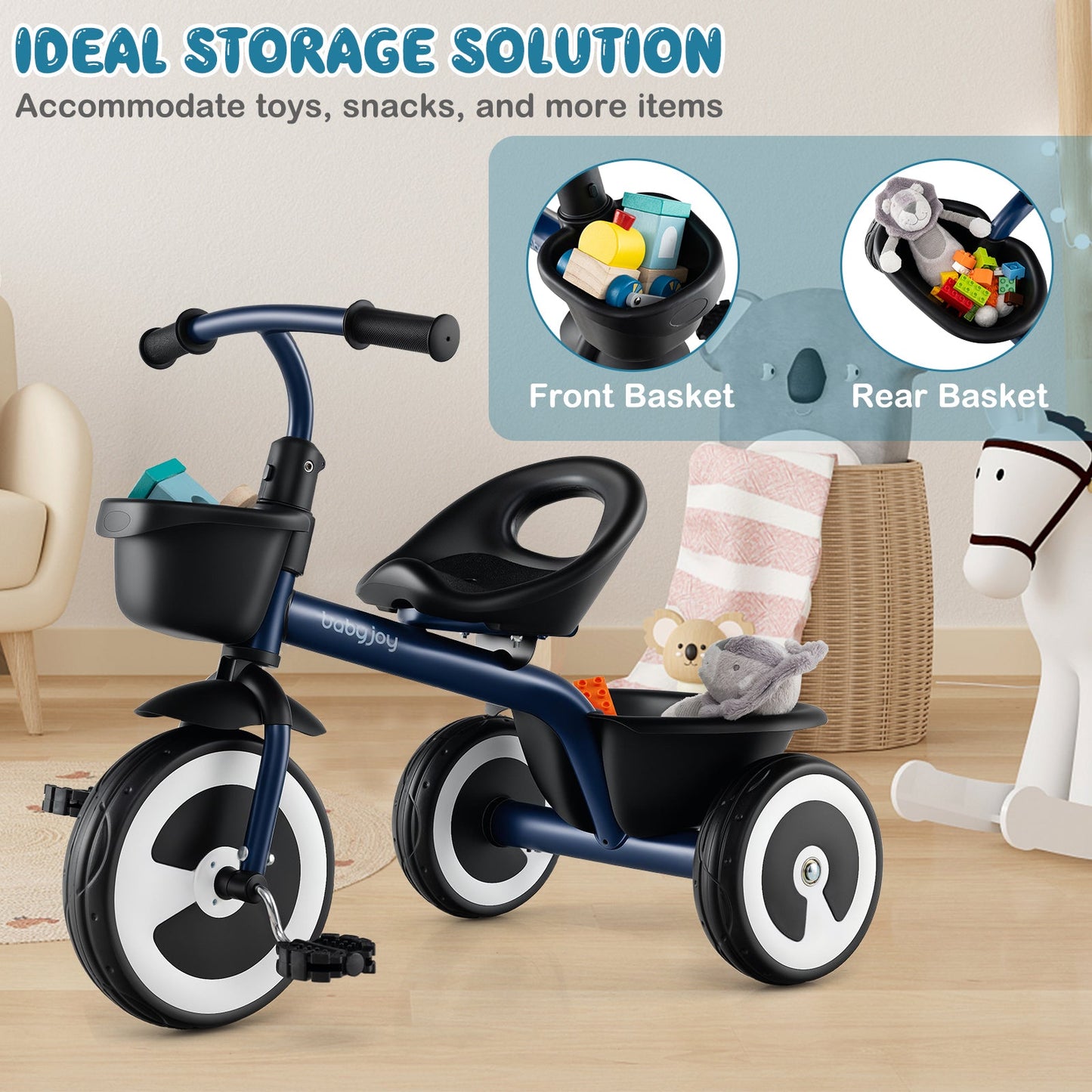 Toddler Tricycle with Adjustable Seat and Storage Baskets - Navy