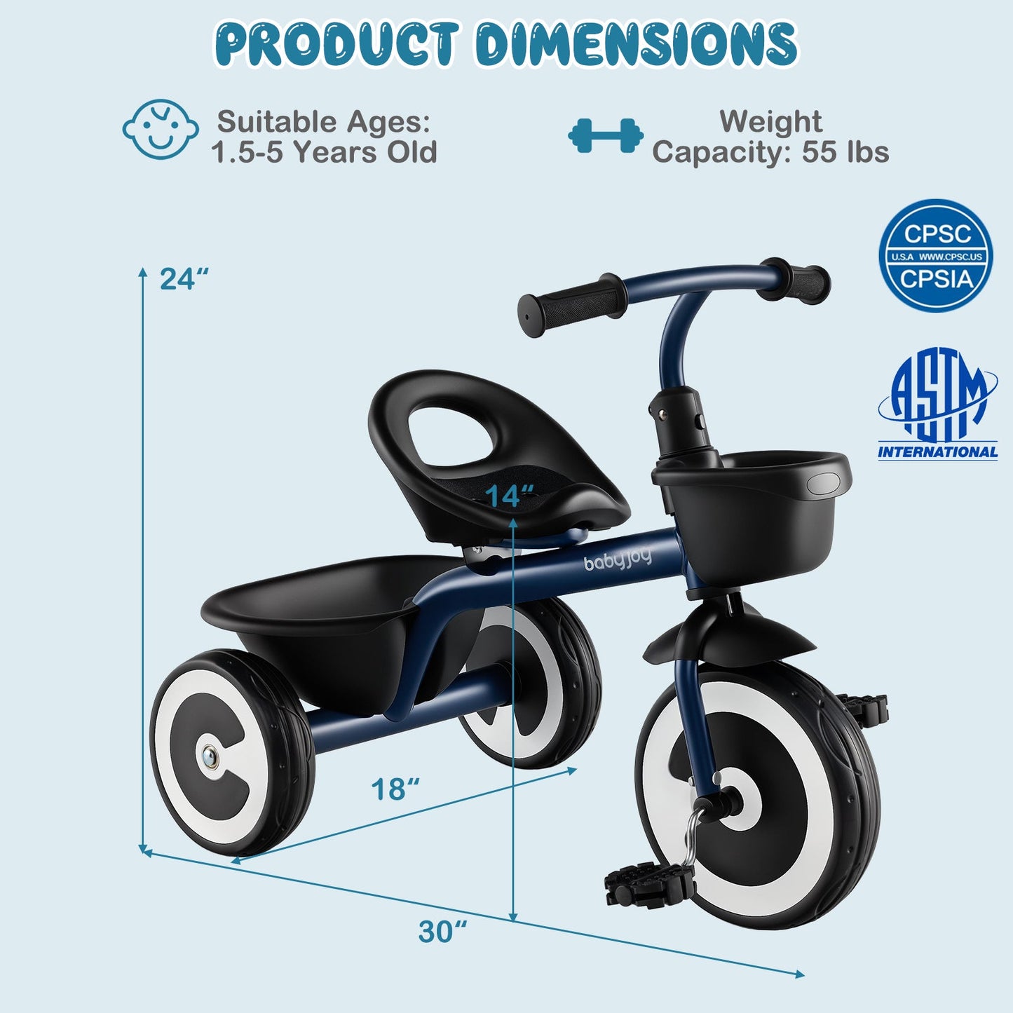 Toddler Tricycle with Adjustable Seat and Storage Baskets - Navy