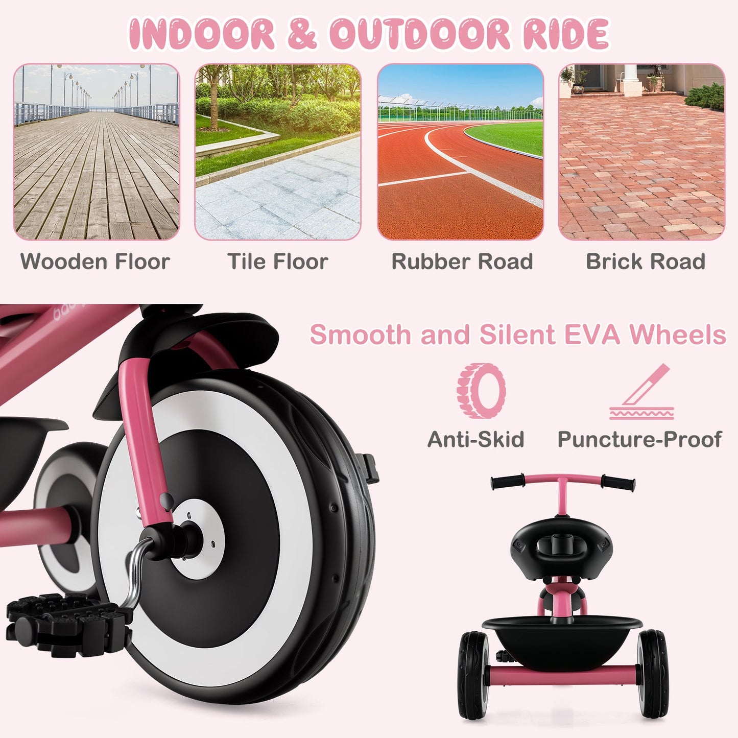 Adjustable Toddler Tricycle with Storage Baskets - Pink