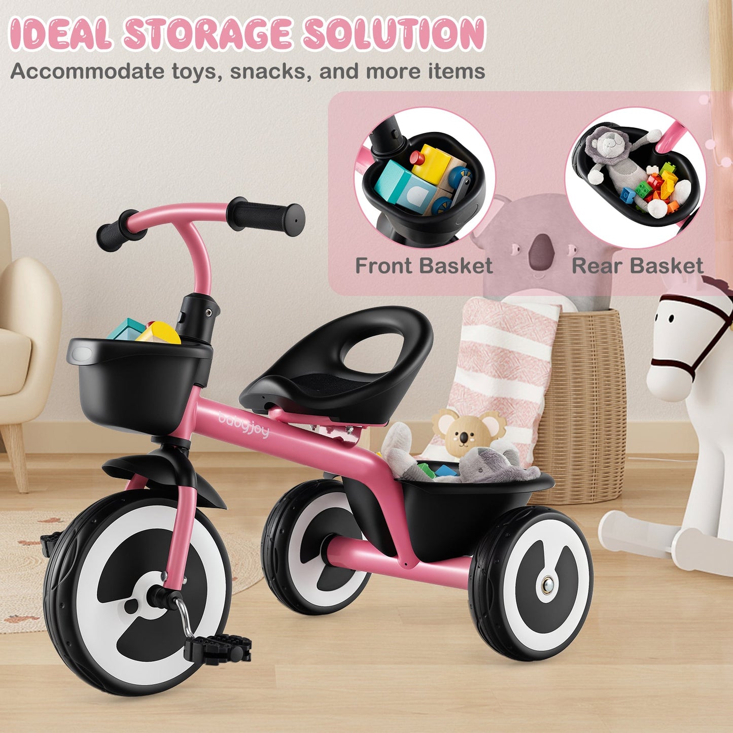 Adjustable Toddler Tricycle with Storage Baskets - Pink
