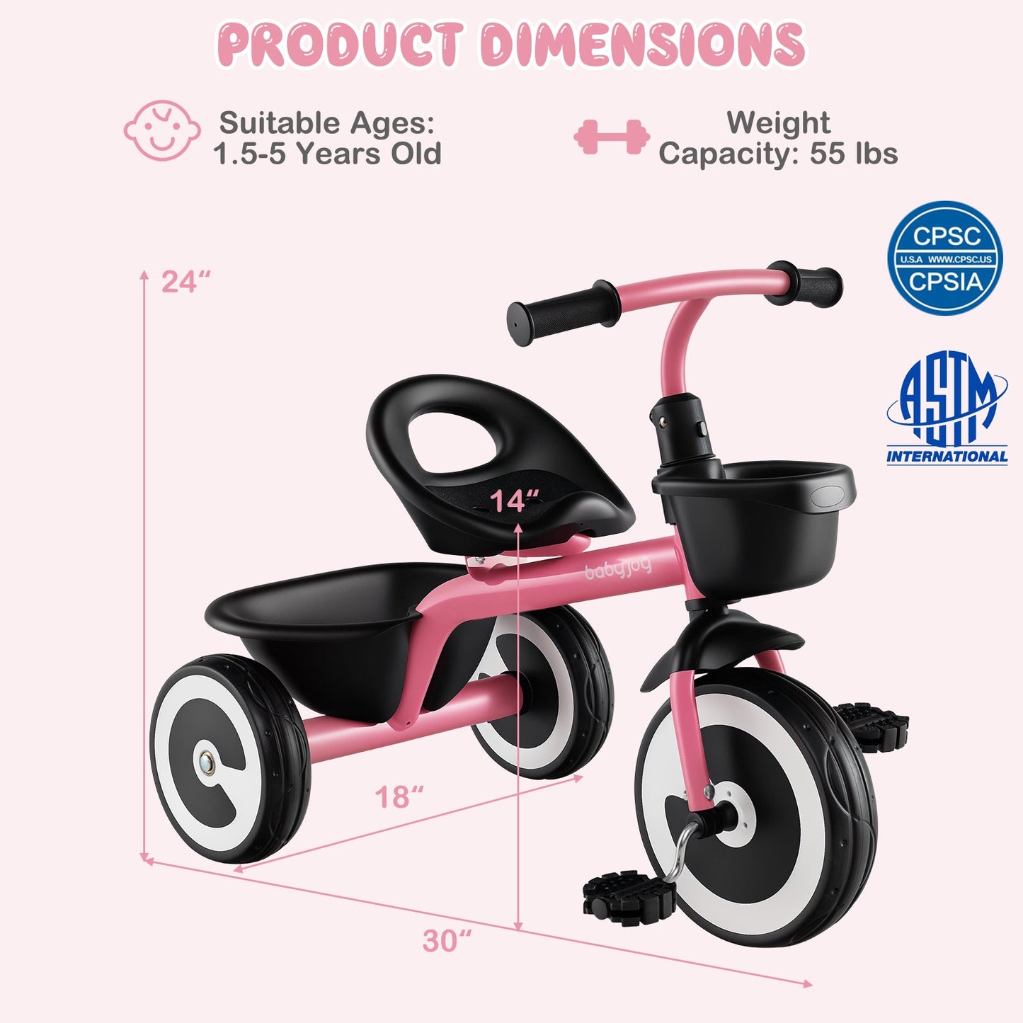 Adjustable Toddler Tricycle with Storage Baskets - Pink