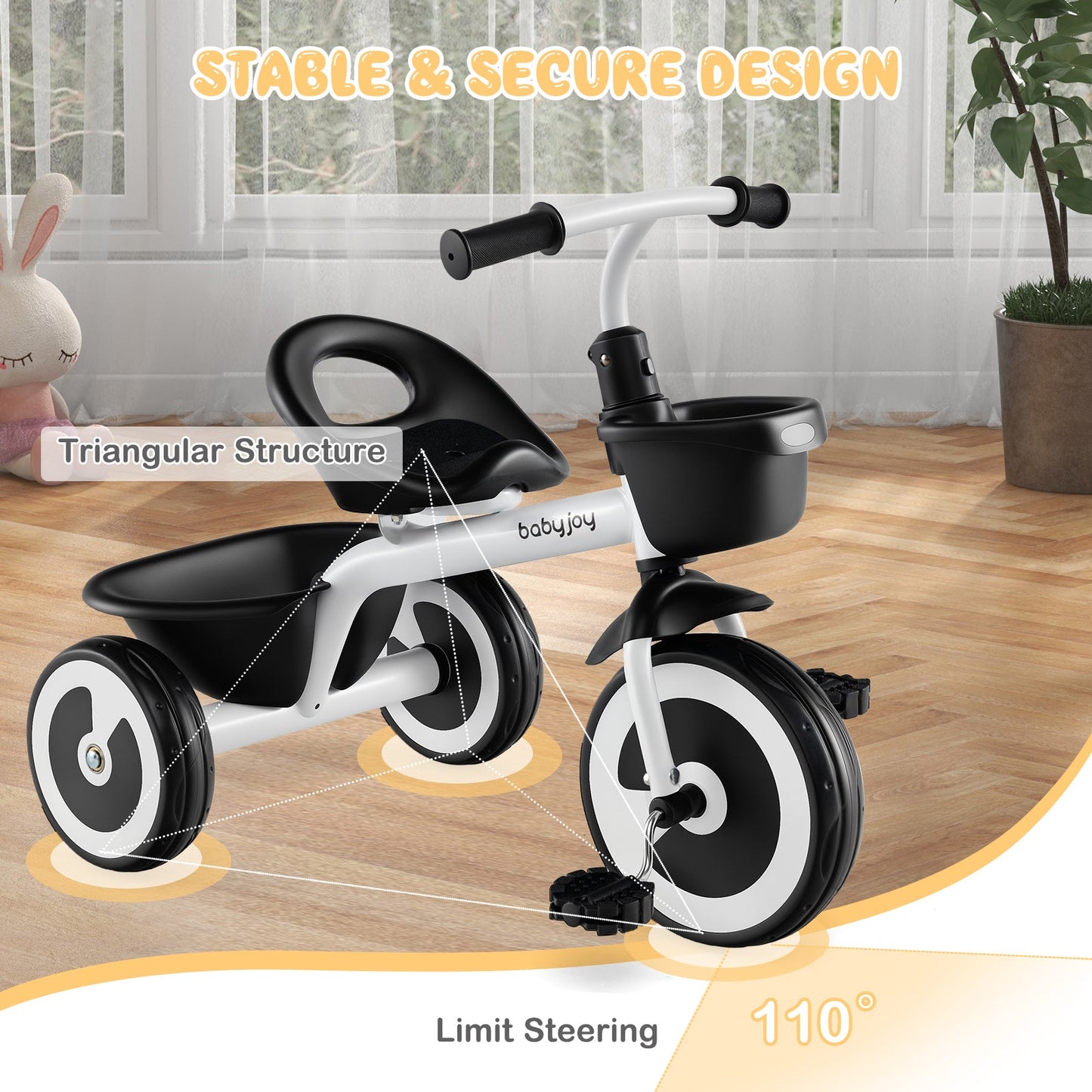 Adjustable Toddler Tricycle with Storage Baskets - White