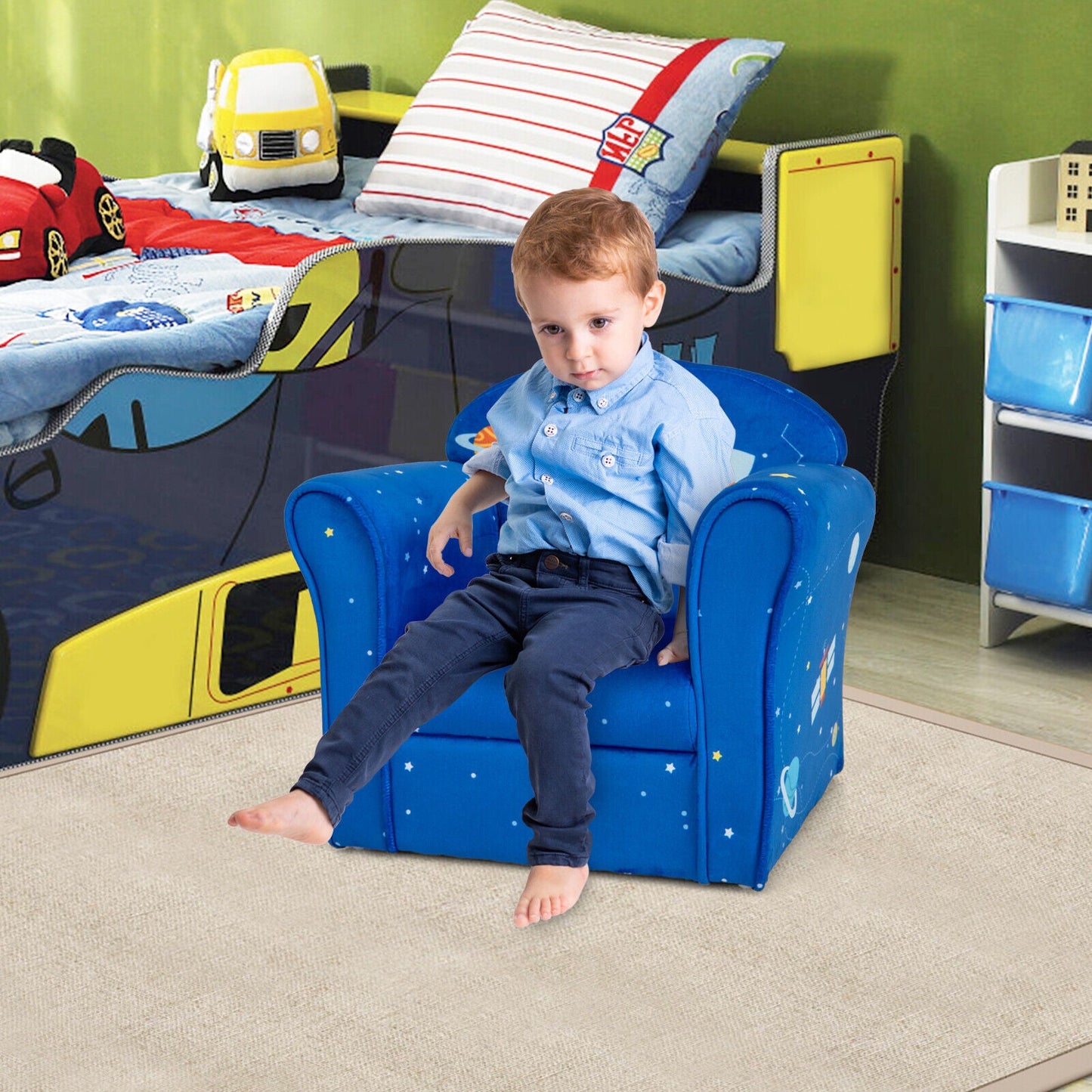 Toddler Upholstered Armchair - Blue with Solid Wood Frame