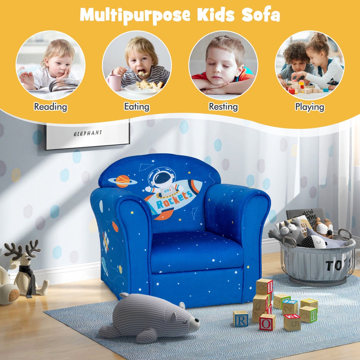 Toddler Upholstered Armchair - Blue with Solid Wood Frame