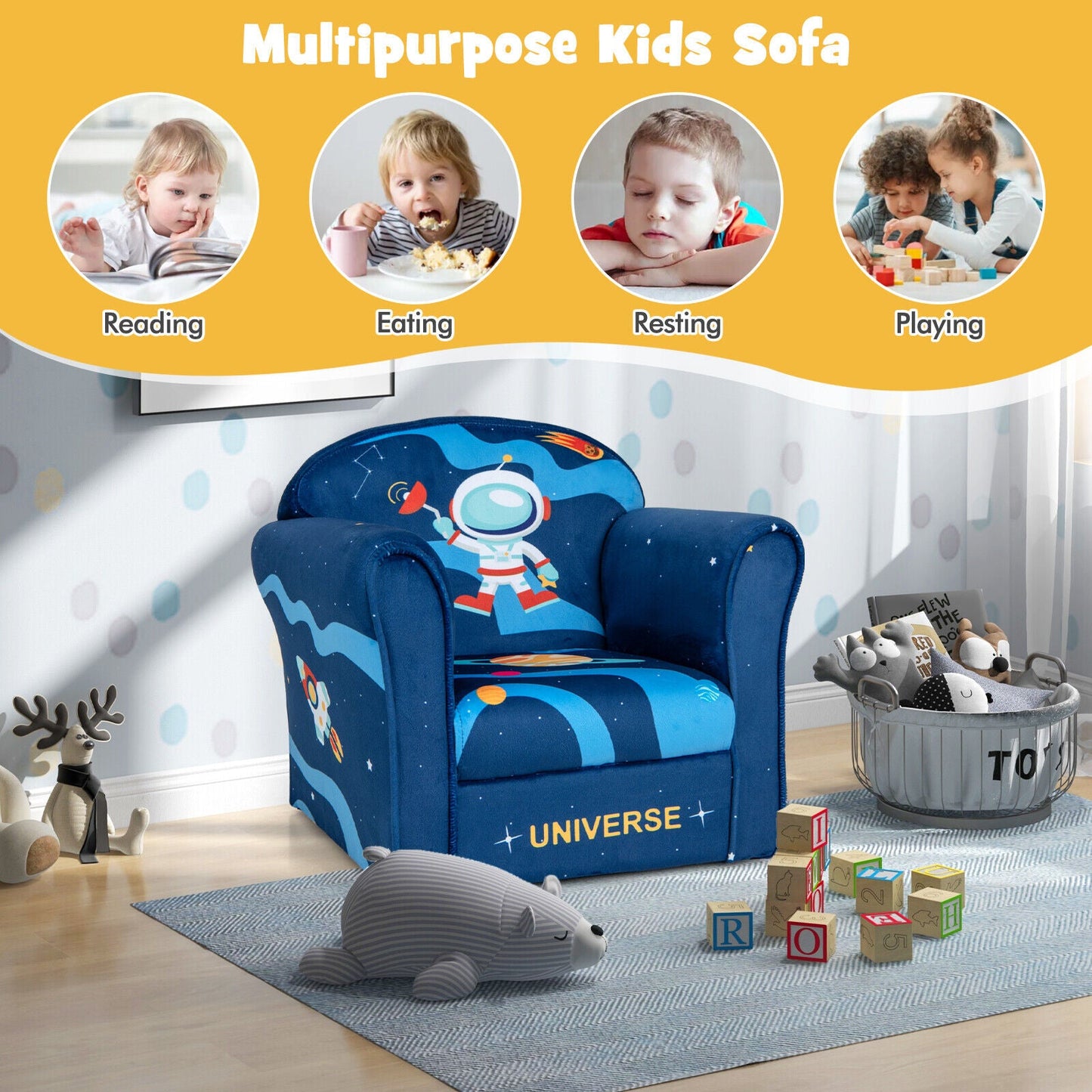 Toddler Upholstered Armchair with Solid Wooden Frame - Multicolor