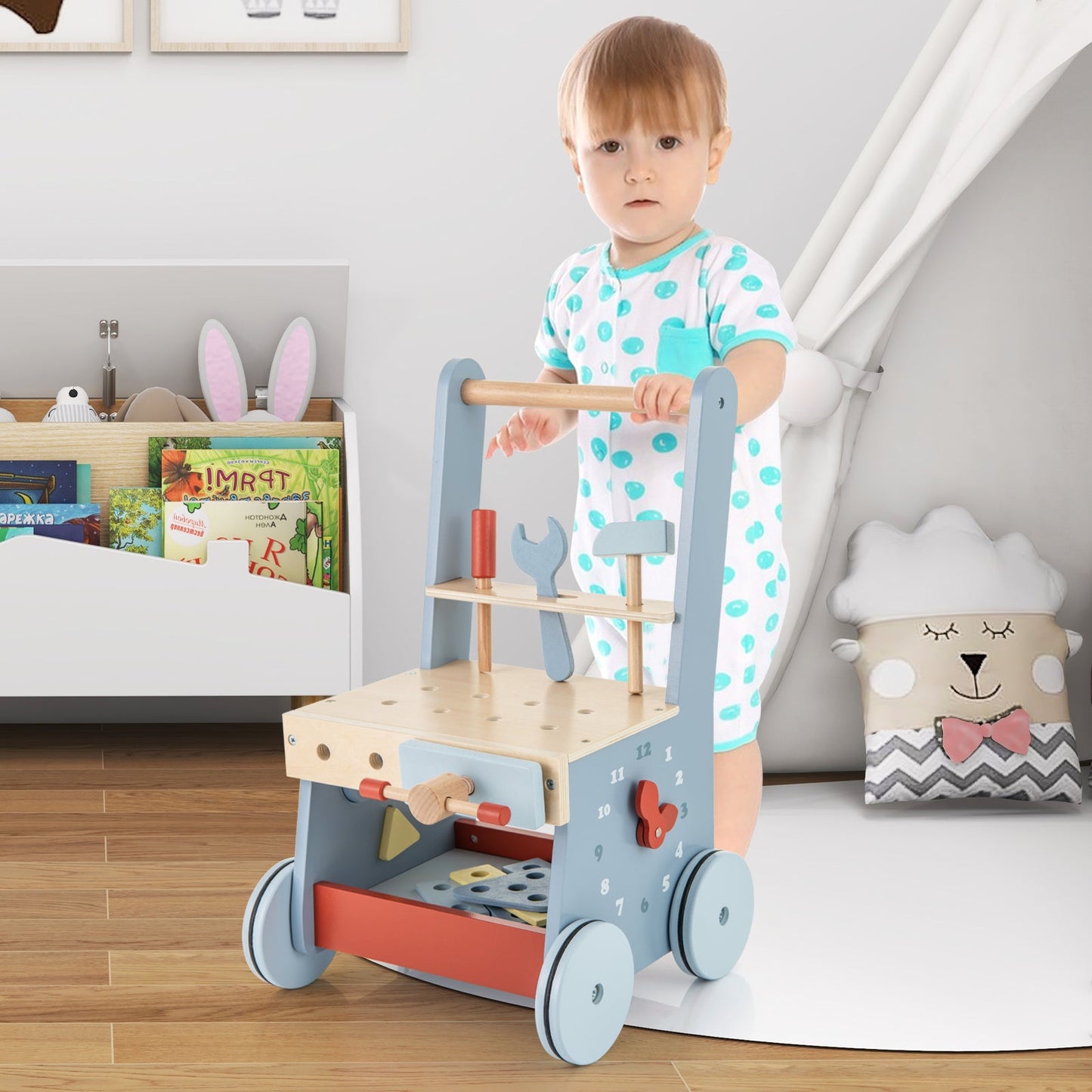 2-in-1 Toddler Wooden Push Walker with Activity Center