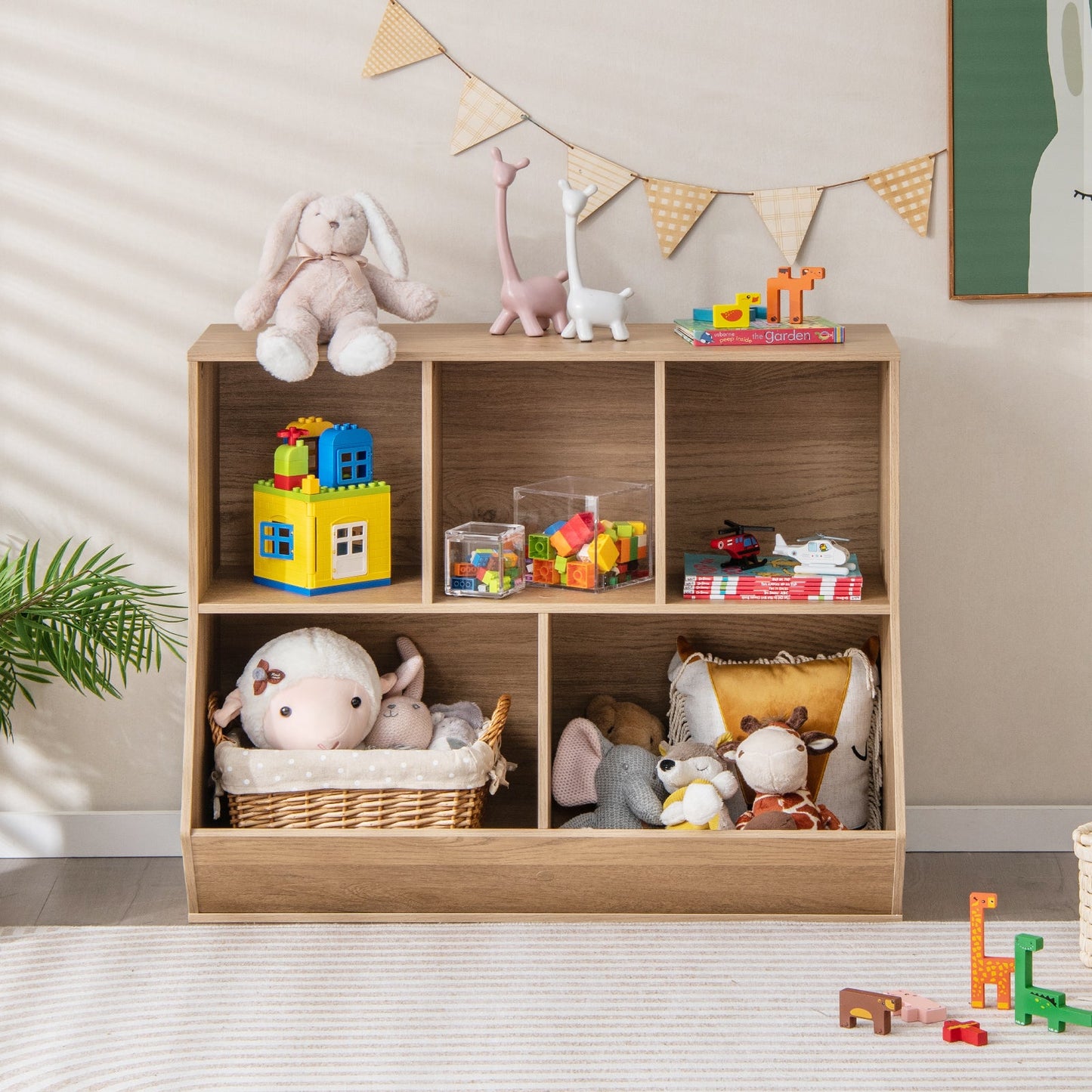 Organisateur de rangement en bois pour jouets d'enfants à 5 cubes - Naturel
