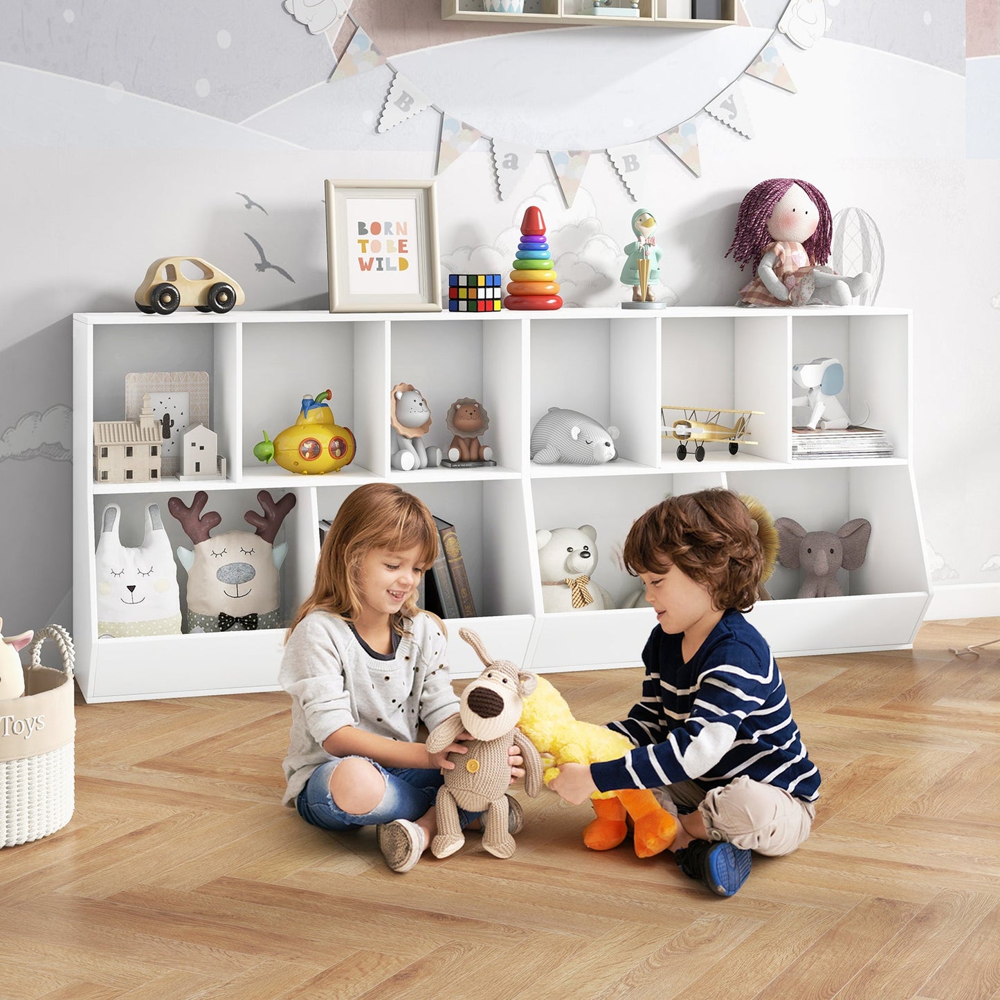 5-Cube Wooden Kids Toy Storage Organizer - White