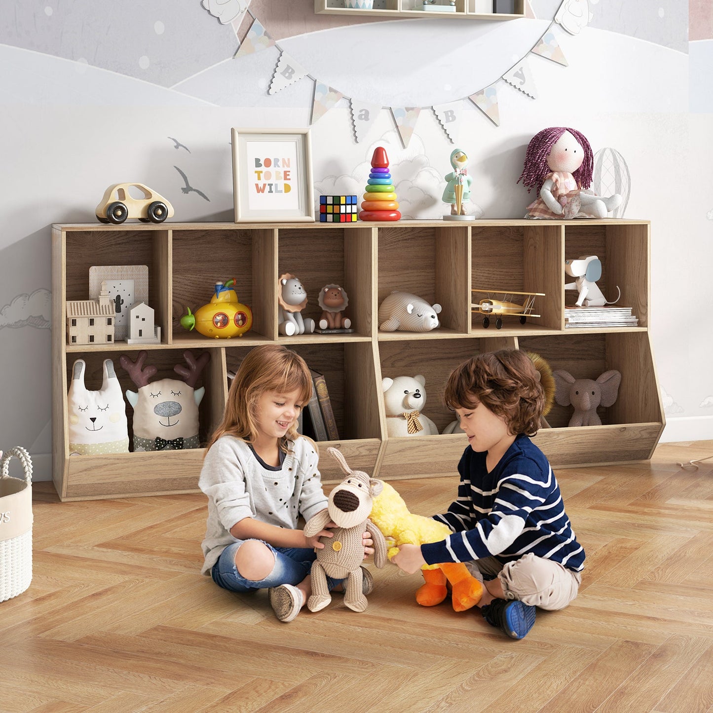 Organisateur de rangement en bois pour jouets d'enfants à 5 cubes - Naturel