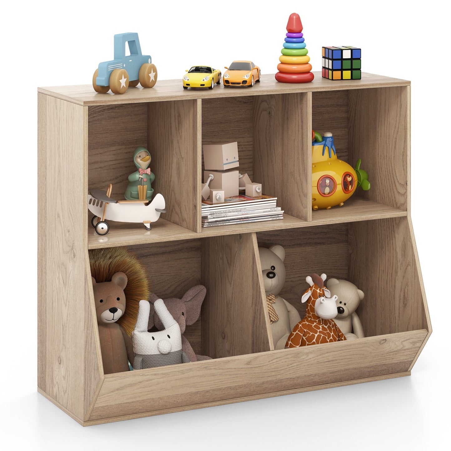 Organisateur de rangement en bois pour jouets d'enfants à 5 cubes - Naturel