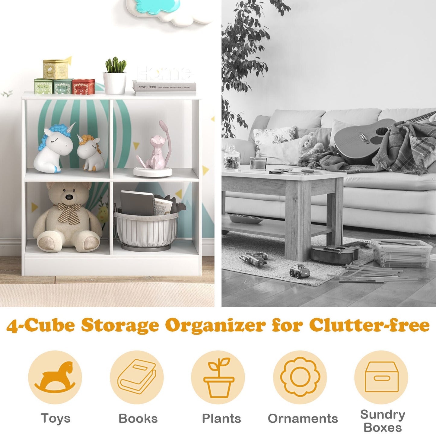 4-Cube Kids Bookcase with Open Shelves - White